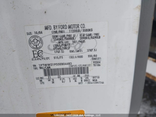 Продаж на аукціоні авто 2005 Ford F350 Srw Super Duty, vin: 1FTWW31P55EB04483, номер лоту: 12583288