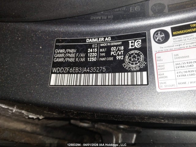 Продаж на аукціоні авто 2018 Mercedes-benz E-class, vin: WDDZF6EB3JA435275, номер лоту: 12583294