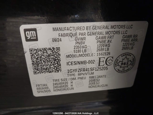 1GYFZFR41SF125205 Cadillac XT4 SPORT