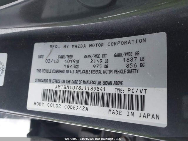 JM1BN1U78J1189841 Mazda Mazda3 Gx