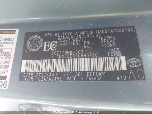 Aukcja sprzedaży 2005 Toyota Corolla Ce/le/sport, vin: 2T1BR32E65C895760, numer aukcji: 12580384