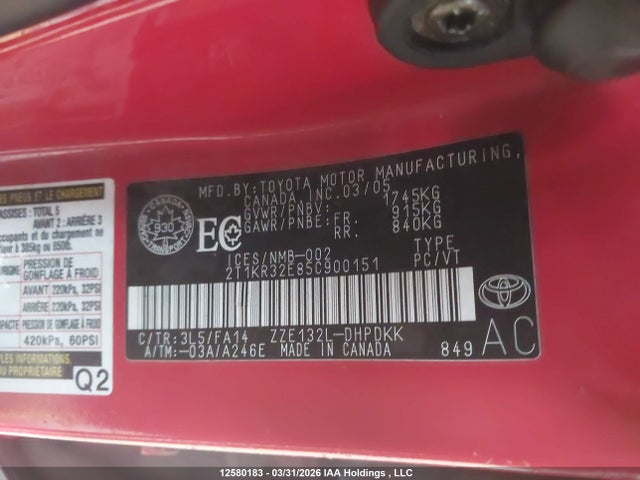 12580183 :رقم المزاد ، 2T1KR32E85C900151 vin ، 2005 Toyota Matrix Xr مزاد بيع