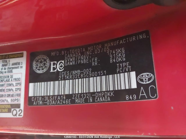 12580183 :رقم المزاد ، 2T1KR32E85C900151 vin ، 2005 Toyota Matrix Xr مزاد بيع