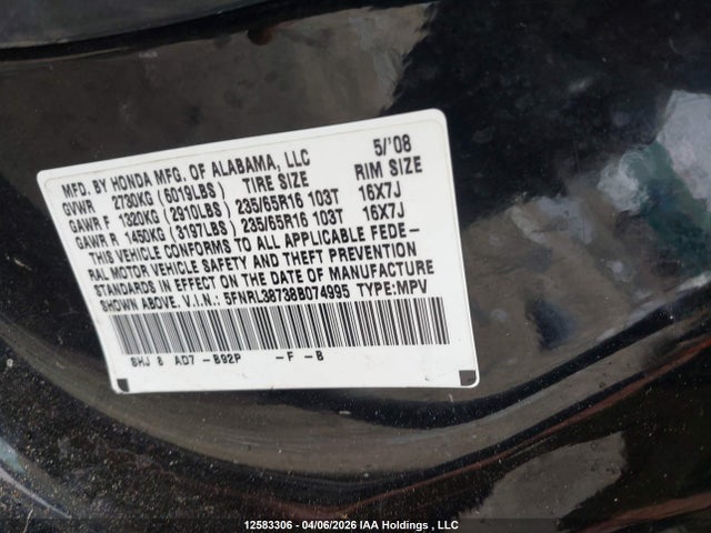 2008 Honda Odyssey Exl მანქანა იყიდება აუქციონზე, vin: 5FNRL38738B074995, აუქციონის ნომერი: 12583306