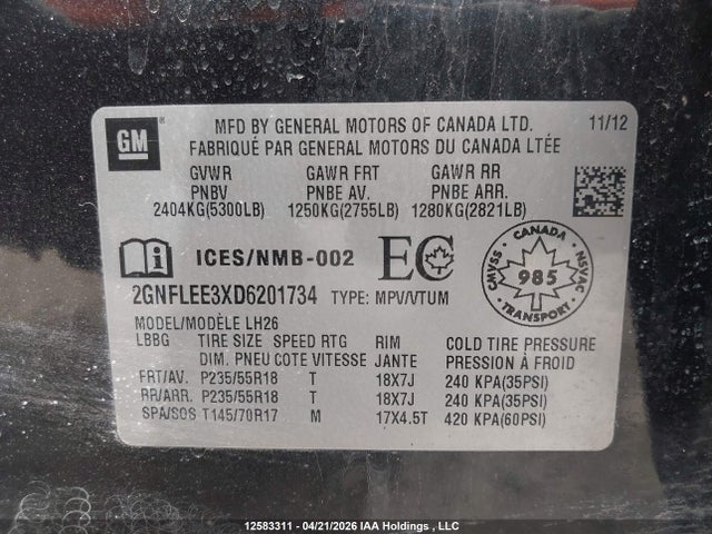 12583311 :رقم المزاد ، 2GNFLEE3XD6201734 vin ، 2013 Chevrolet Equinox مزاد بيع