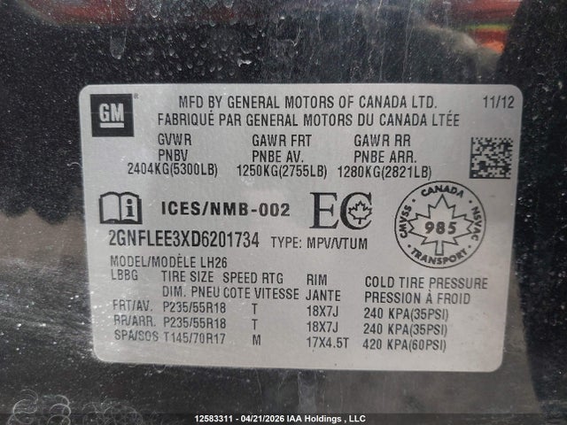 12583311 :رقم المزاد ، 2GNFLEE3XD6201734 vin ، 2013 Chevrolet Equinox مزاد بيع