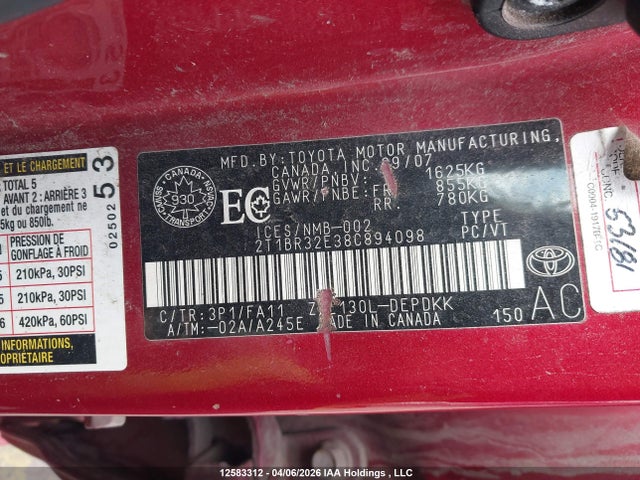 12583312 :رقم المزاد ، 2T1BR32E38C894098 vin ، 2008 Toyota Corolla Ce مزاد بيع
