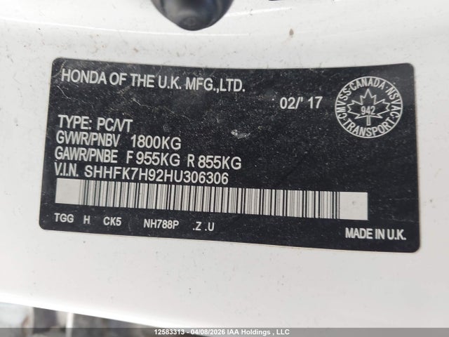 SHHFK7H92HU306306 Honda Civic Sport Touring