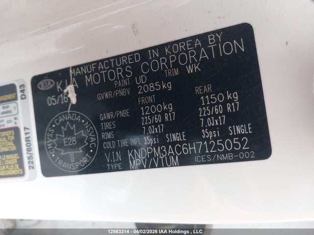 2017 Kia Sportage Lx მანქანა იყიდება აუქციონზე, vin: KNDPM3AC6H7125052, აუქციონის ნომერი: 12583314