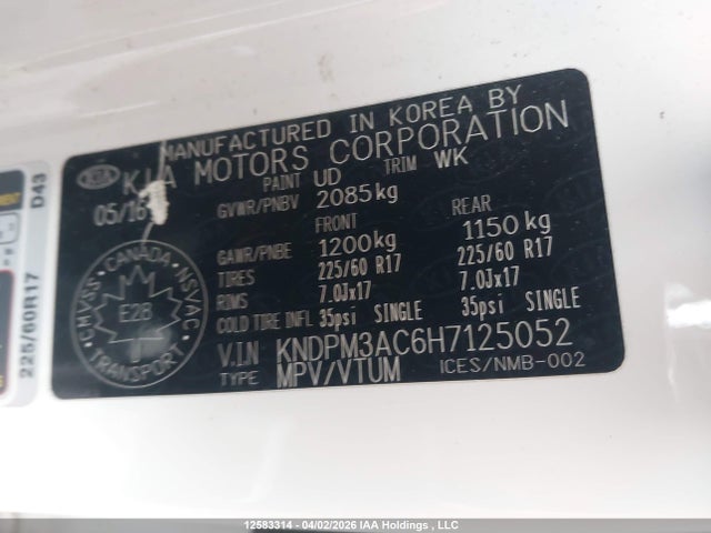 2017 Kia Sportage Lx მანქანა იყიდება აუქციონზე, vin: KNDPM3AC6H7125052, აუქციონის ნომერი: 12583314
