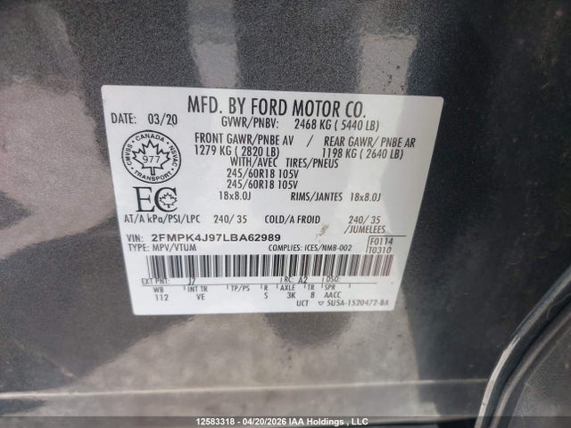 Продажа на аукционе авто 2020 Ford Edge Sel, vin: 2FMPK4J97LBA62989, номер лота: 12583318