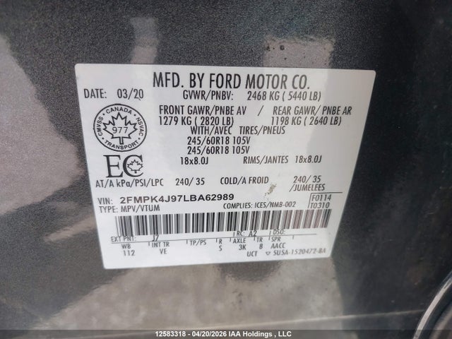 Продажа на аукционе авто 2020 Ford Edge Sel, vin: 2FMPK4J97LBA62989, номер лота: 12583318