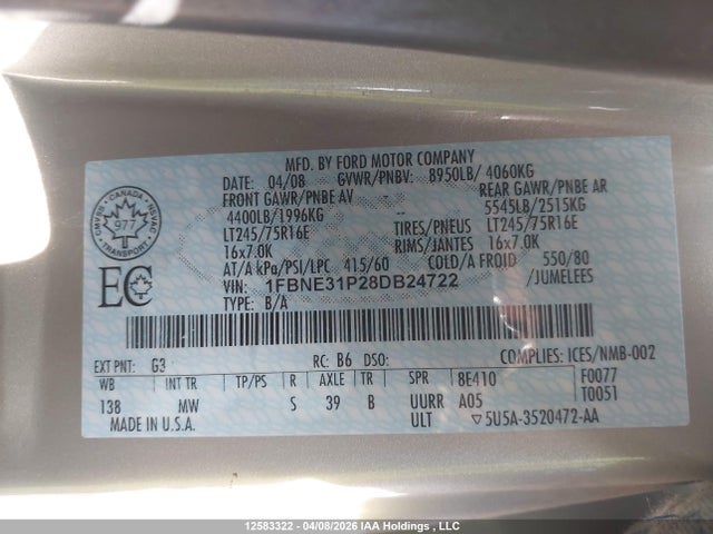 Aukcja sprzedaży 2008 Ford E-350 Super Duty Xlt, vin: 1FBNE31P28DB24722, numer aukcji: 12583322