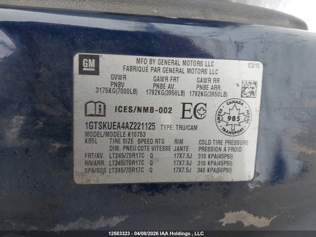 Aukcja sprzedaży 2010 Gmc Sierra K1500 Sl, vin: 1GTSKUEA4AZ221125, numer aukcji: 12583323