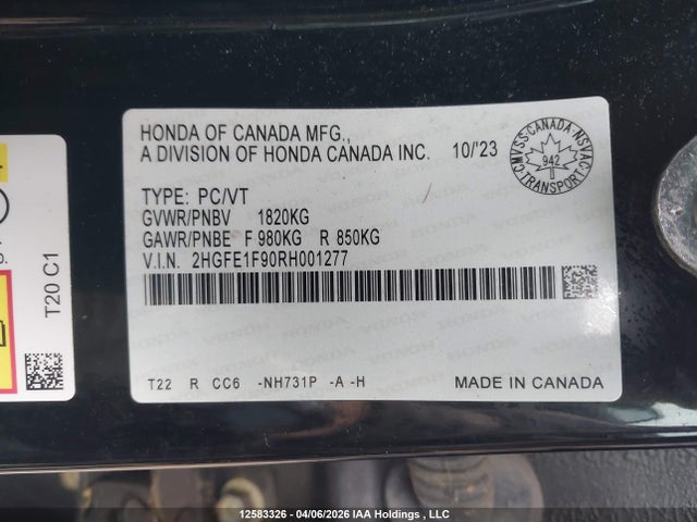 2024 Honda Civic Touring მანქანა იყიდება აუქციონზე, vin: 2HGFE1F90RH001277, აუქციონის ნომერი: 12583326