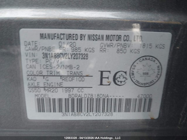 12583328 :رقم المزاد ، 3N1AB8CV2LY207328 vin ، 2020 Nissan Sentra مزاد بيع