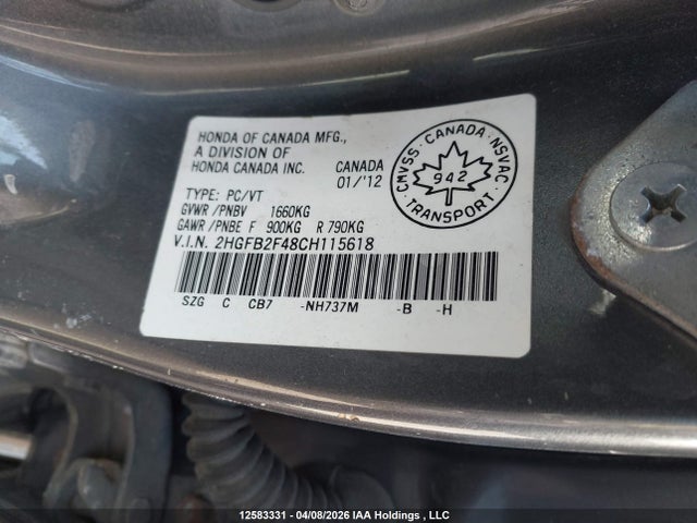 Продажа на аукционе авто 2012 Honda Civic, vin: 2HGFB2F48CH115618, номер лота: 12583331
