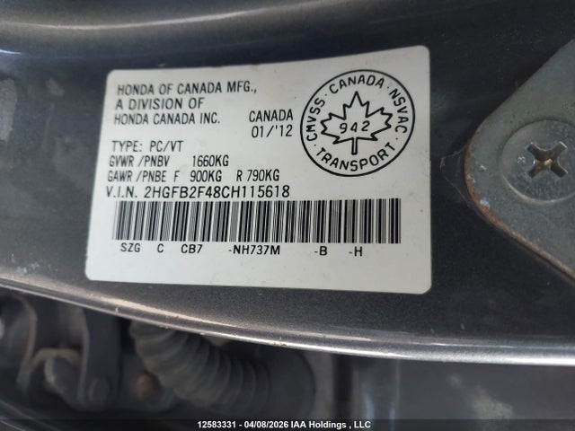 Продажа на аукционе авто 2012 Honda Civic, vin: 2HGFB2F48CH115618, номер лота: 12583331