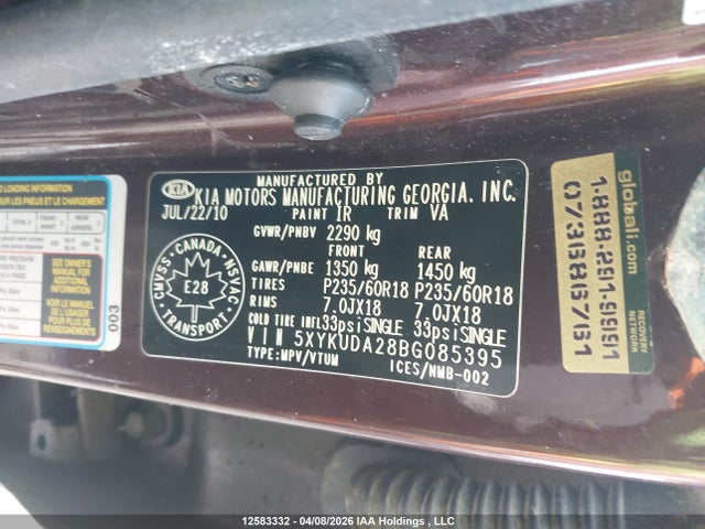 12583332 :رقم المزاد ، 5XYKUDA28BG085395 vin ، 2011 Kia Sorento Ex مزاد بيع