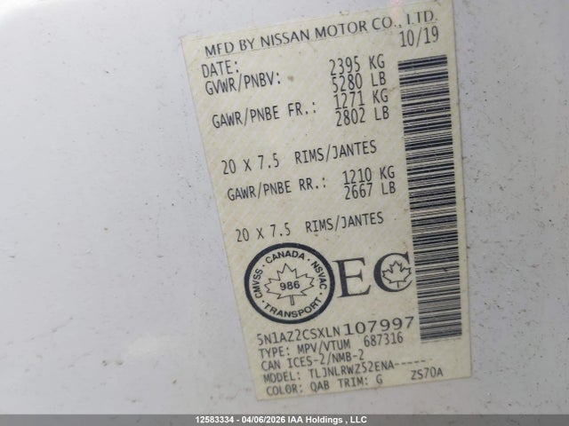 Продаж на аукціоні авто 2020 Nissan Murano Sl, vin: 5N1AZ2CSXLN107997, номер лоту: 12583334