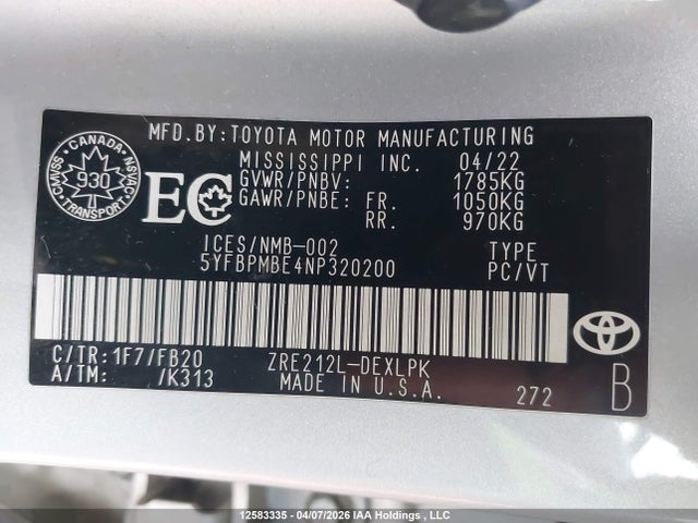 2022 Toyota Corolla Le მანქანა იყიდება აუქციონზე, vin: 5YFBPMBE4NP320200, აუქციონის ნომერი: 12583335