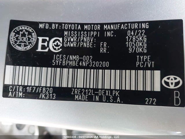 2022 Toyota Corolla Le მანქანა იყიდება აუქციონზე, vin: 5YFBPMBE4NP320200, აუქციონის ნომერი: 12583335