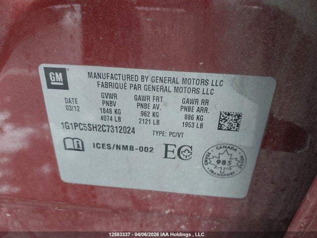 2012 Chevrolet Cruze Ls მანქანა იყიდება აუქციონზე, vin: 1G1PC5SH2C7312024, აუქციონის ნომერი: 12583337