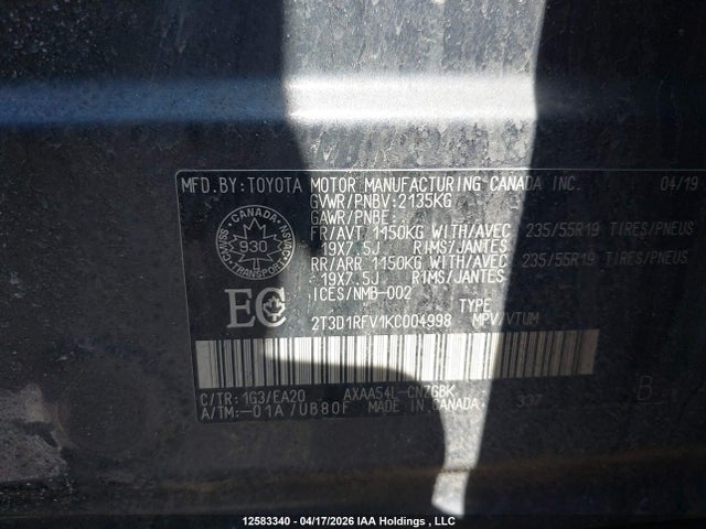 2019 Toyota Rav4 Limited მანქანა იყიდება აუქციონზე, vin: 2T3D1RFV1KC004998, აუქციონის ნომერი: 12583340