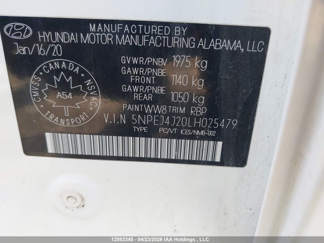 Продаж на аукціоні авто 2020 Hyundai Sonata, vin: 5NPEJ4J20LH025479, номер лоту: 12583345