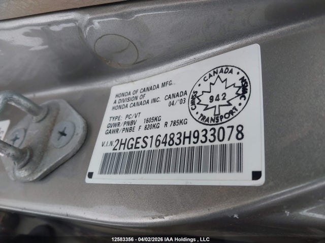 Продаж на аукціоні авто 2003 Honda Civic Dx, vin: 2HGES16483H933078, номер лоту: 12583356
