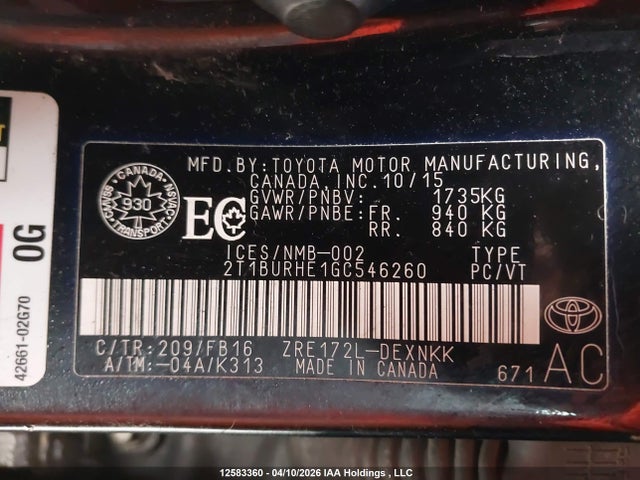 2T1BURHE1GC546260 Toyota COROLLA LE