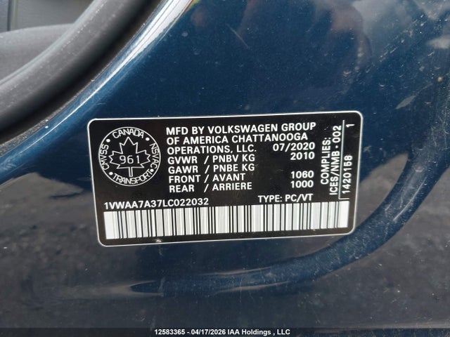 2020 Volkswagen Passat S მანქანა იყიდება აუქციონზე, vin: 1VWAA7A37LC022032, აუქციონის ნომერი: 12583365