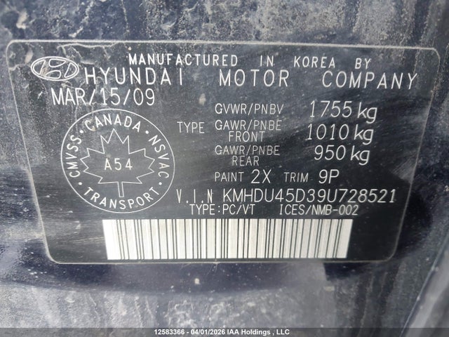 Продаж на аукціоні авто 2009 Hyundai Elantra Gls/se, vin: KMHDU45D39U728521, номер лоту: 12583366