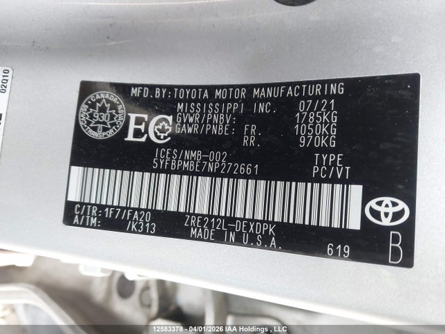 12583378 :رقم المزاد ، 5YFBPMBE7NP272661 vin ، 2022 Toyota Corolla L مزاد بيع