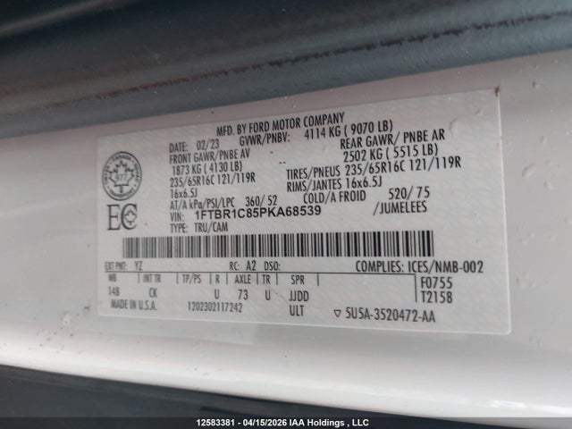 12583381 :رقم المزاد ، 1FTBR1C85PKA68539 vin ، 2023 Ford Transit T-250 مزاد بيع