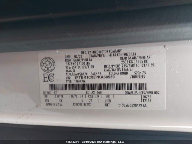 12583381 :رقم المزاد ، 1FTBR1C85PKA68539 vin ، 2023 Ford Transit T-250 مزاد بيع