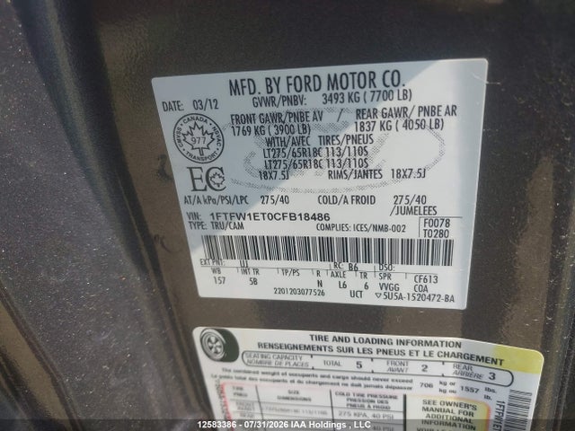 12583386 :رقم المزاد ، 1FTFW1ET0CFB18486 vin ، 2012 Ford F-150 Fx4 مزاد بيع