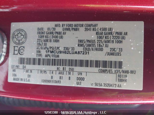 Продажа на аукционе авто 2020 Ford Escape Sel, vin: 1FMCU9H62LUA87231, номер лота: 12583388