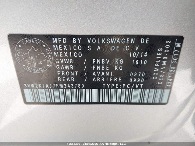 Aukcja sprzedaży 2015 Volkswagen Jetta S, vin: 3VW2K7AJ7FM243780, numer aukcji: 12583396