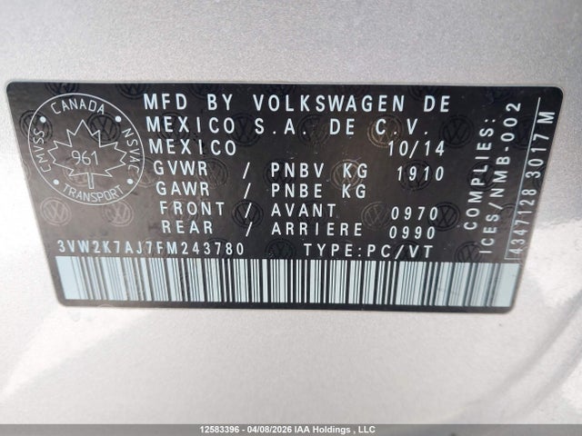 Aukcja sprzedaży 2015 Volkswagen Jetta S, vin: 3VW2K7AJ7FM243780, numer aukcji: 12583396