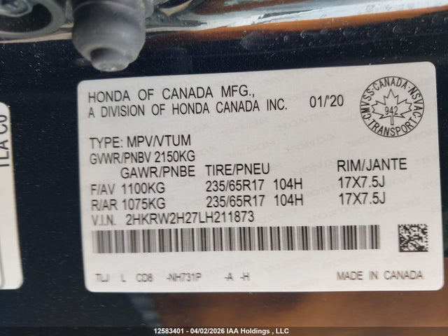 2HKRW2H27LH211873 Honda CR-V LX