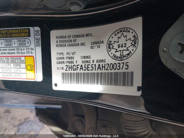 2010 Honda Civic Si Si მანქანა იყიდება აუქციონზე, vin: 2HGFA5E51AH200375, აუქციონის ნომერი: 12583403