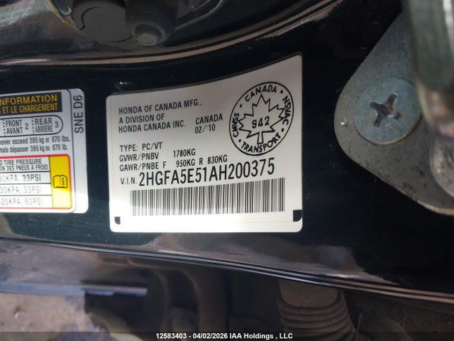 2010 Honda Civic Si Si მანქანა იყიდება აუქციონზე, vin: 2HGFA5E51AH200375, აუქციონის ნომერი: 12583403