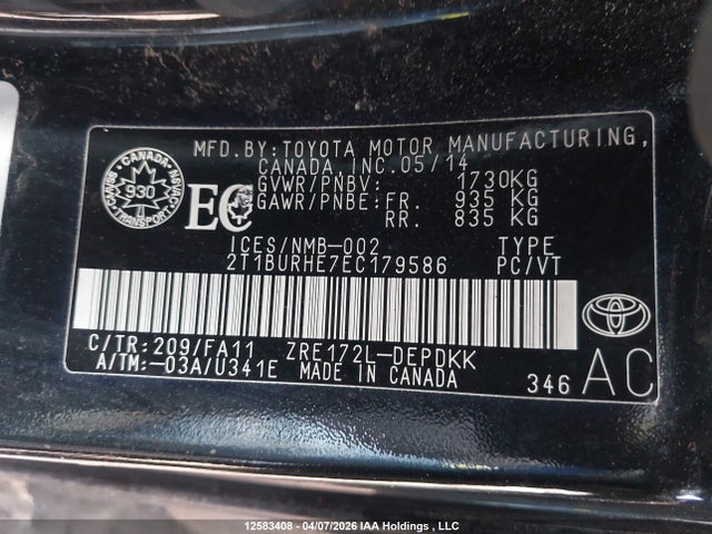 Aukcja sprzedaży 2014 Toyota Corolla Ce, vin: 2T1BURHE7EC179586, numer aukcji: 12583408