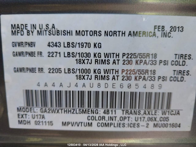 Продаж на аукціоні авто 2013 Mitsubishi Rvr Gt, vin: 4A4AJ4AU8DE605489, номер лоту: 12583410
