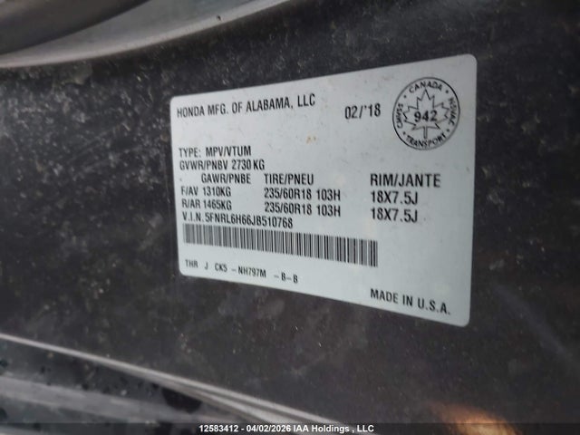 5FNRL6H66JB510768 Honda ODYSSEY EXL