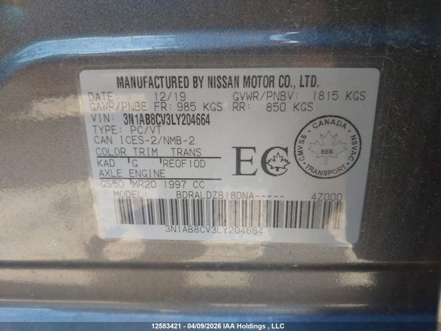 Продаж на аукціоні авто 2020 Nissan Sentra, vin: 3N1AB8CV3LY204664, номер лоту: 12583421