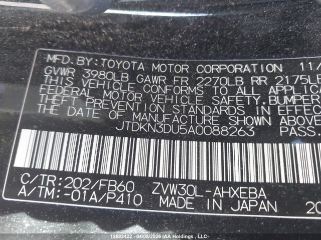 12583422 :رقم المزاد ، JTDKN3DU5A0088263 vin ، 2010 Toyota Prius مزاد بيع