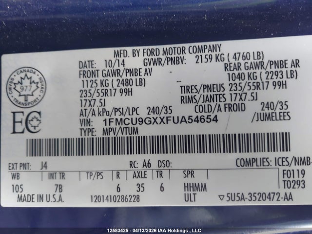 1FMCU9GXXFUA54654 Ford ESCAPE SE