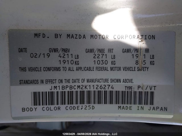 Aukcja sprzedaży 2019 Mazda Mazda3, vin: JM1BPBCM2K1126274, numer aukcji: 12583429